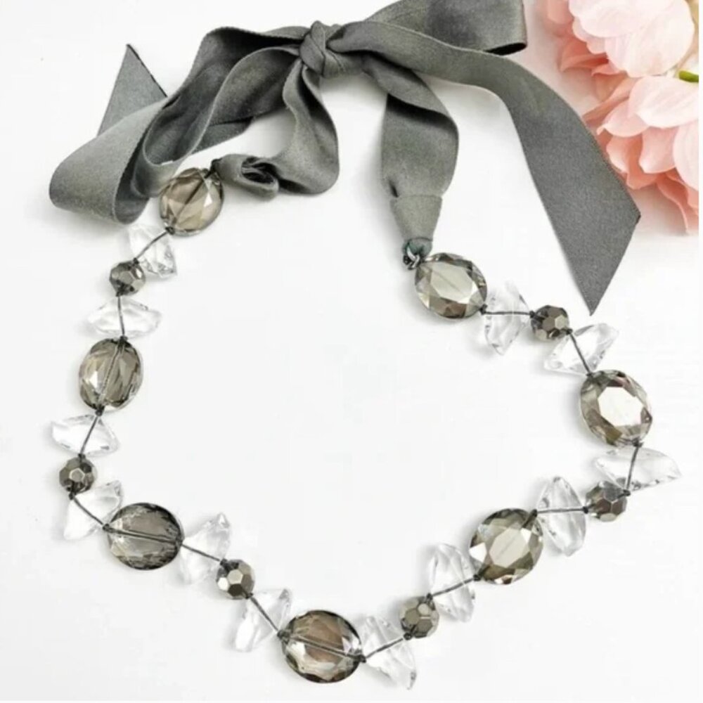 Stella & Dot Claire Lucite & Silver Beaded Necklace w/ Ribbon Tie